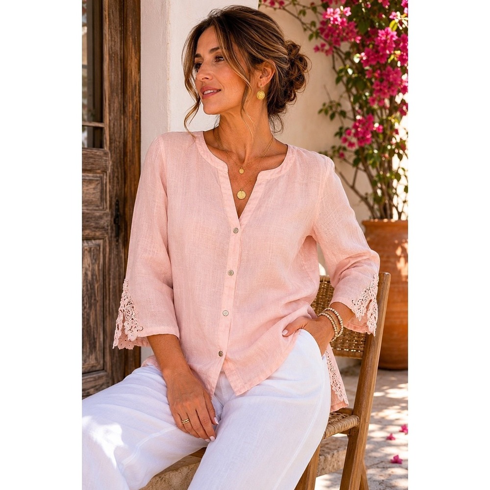 JM Collection 100% Linen Blush Pink Lace Trim Button Front Top Women 10